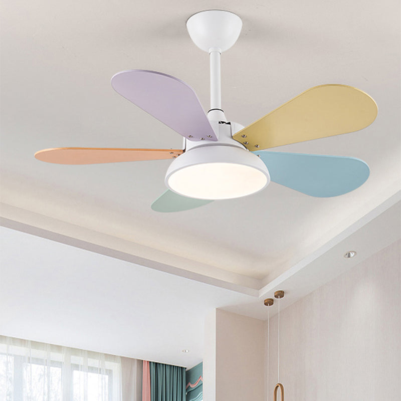 Round Kindergarten Hanging Fan Lighting Metal Macaron Style LED Semi-Flush Mount Ceiling Light