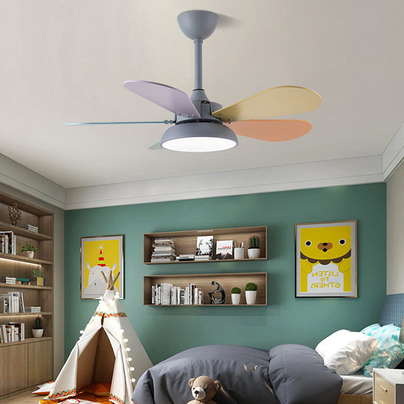 Round Kindergarten Hanging Fan Lighting Metal Macaron Style LED Semi-Flush Mount Ceiling Light