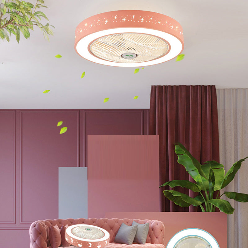 Macaron Hollowed-out Ceiling Fan Light Metal Bedroom LED Semi Flush Mount Lighting Fixture