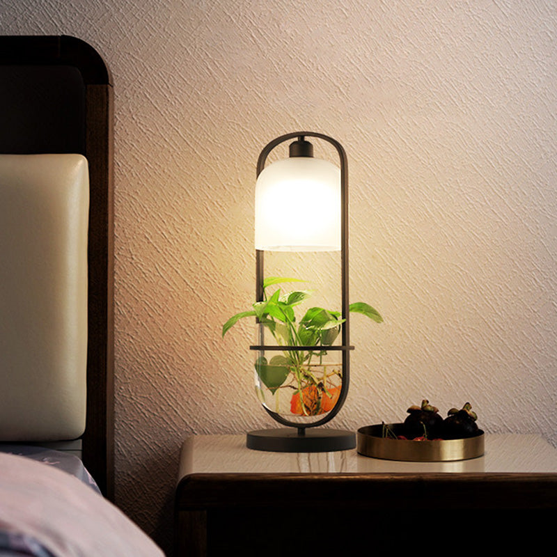 Black Oval Night Table Lamp Industrial Metal LED Living Room Nightstand Light with Plant Container