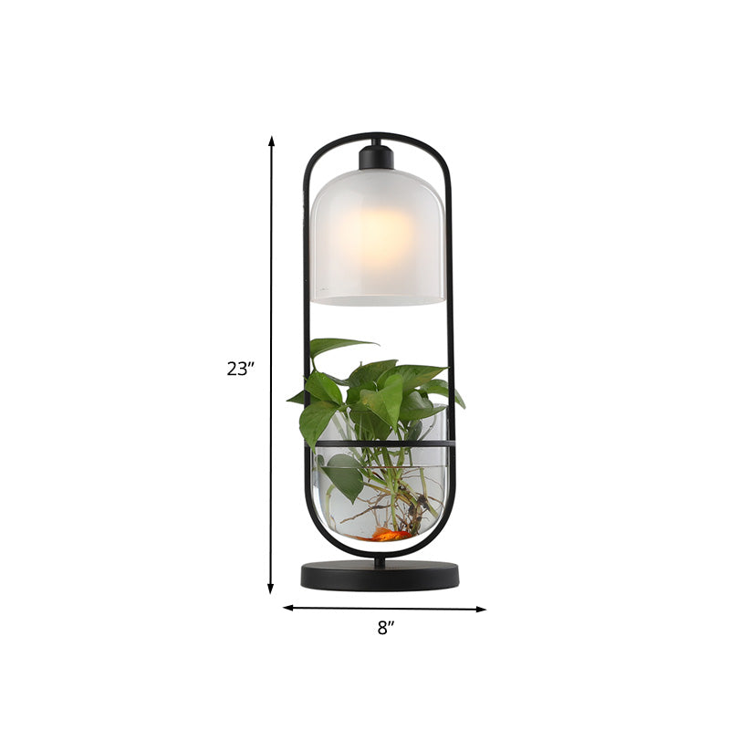 Black Oval Night Table Lamp Industrial Metal LED Living Room Nightstand Light with Plant Container