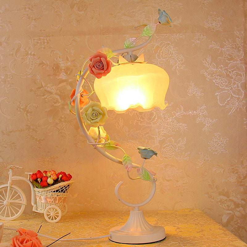 1 Bulb Night Table Lamp Countryside Flower White Glass Nightstand Lighting in Pink/Blue/Green for Bedroom