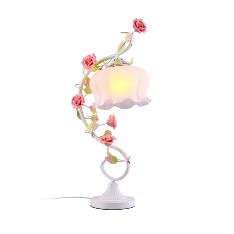 1 Bulb Night Table Lamp Countryside Flower White Glass Nightstand Lighting in Pink/Blue/Green for Bedroom