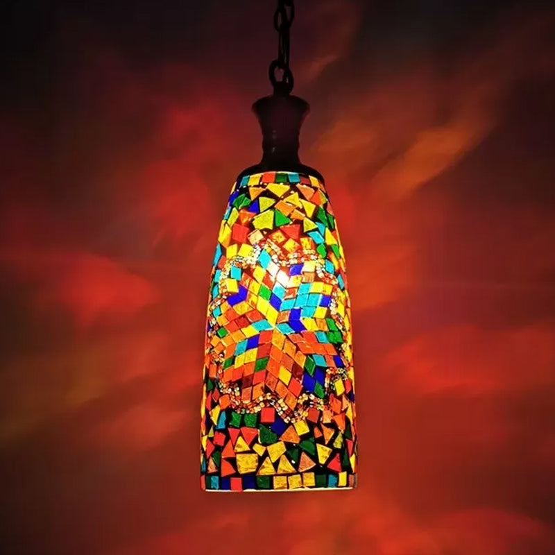 Arte artesanal de vidrio rojo/amarillo/azul Luz de techo alargada 1 cabeza lámpara colgante tradicional