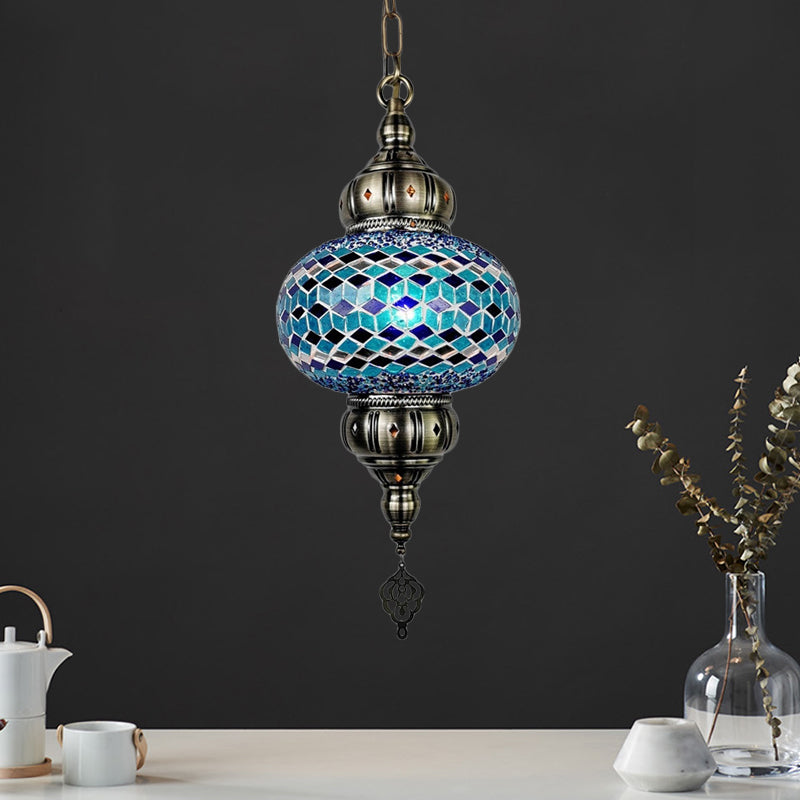 1 Head Cut Glass Ceiling Pendant Light Traditional Beige/Yellow/Blue Oval Dining Room Hanging Light Fixture
