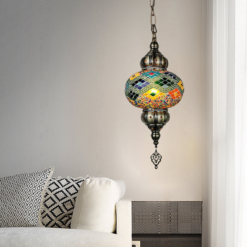 1 Head Cut Glass Ceiling Pendant Light Traditional Beige/Yellow/Blue Oval Dining Room Hanging Light Fixture