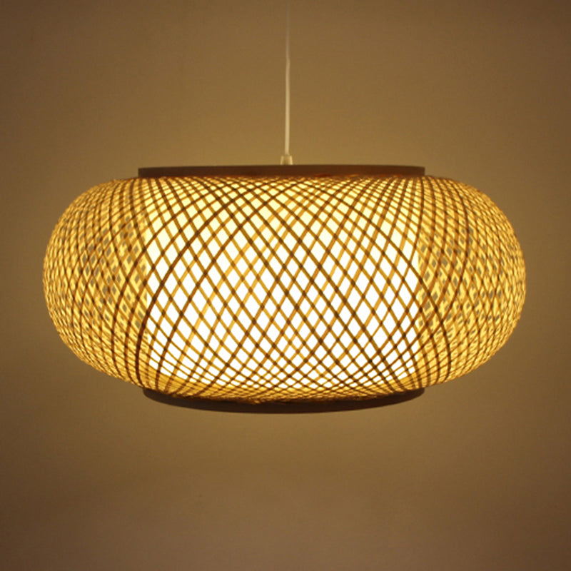 Asian Style Hanging Light 1-Light Hand Weaving Drum Shaped Pendant Lamp for Bedroom