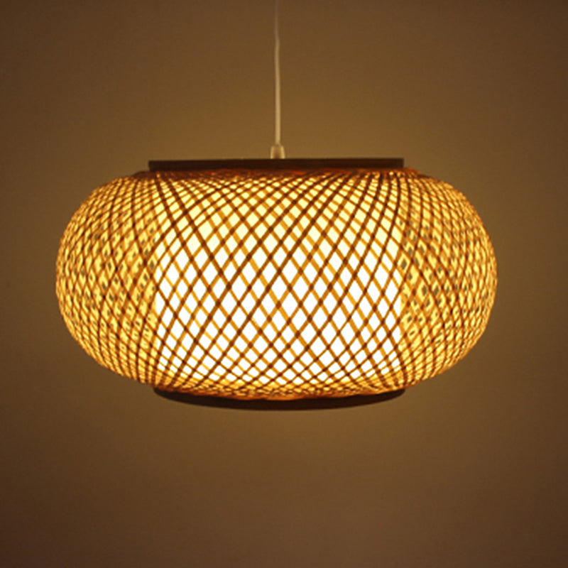 Asian Style Hanging Light 1-Light Hand Weaving Drum Shaped Pendant Lamp for Bedroom