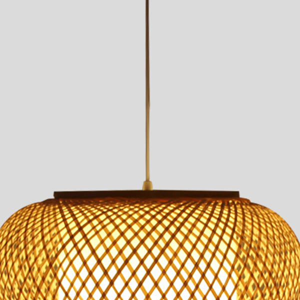 Asian Style Hanging Light 1-Light Hand Weaving Drum Shaped Pendant Lamp for Bedroom