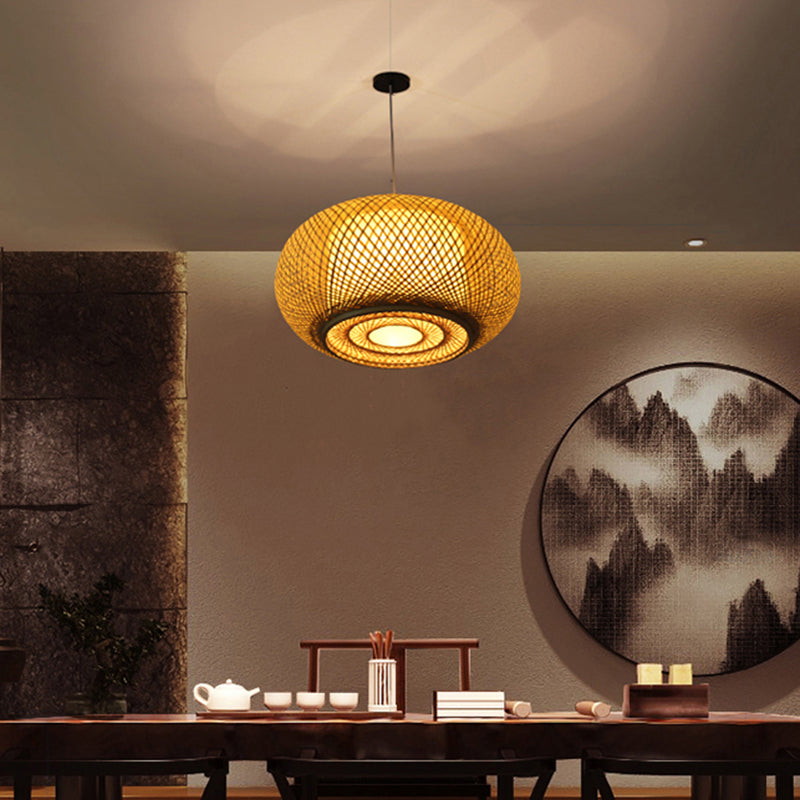 Aziatische stijl hangend licht 1-licht hand wevende trommelvormige hanglamp voor slaapkamer