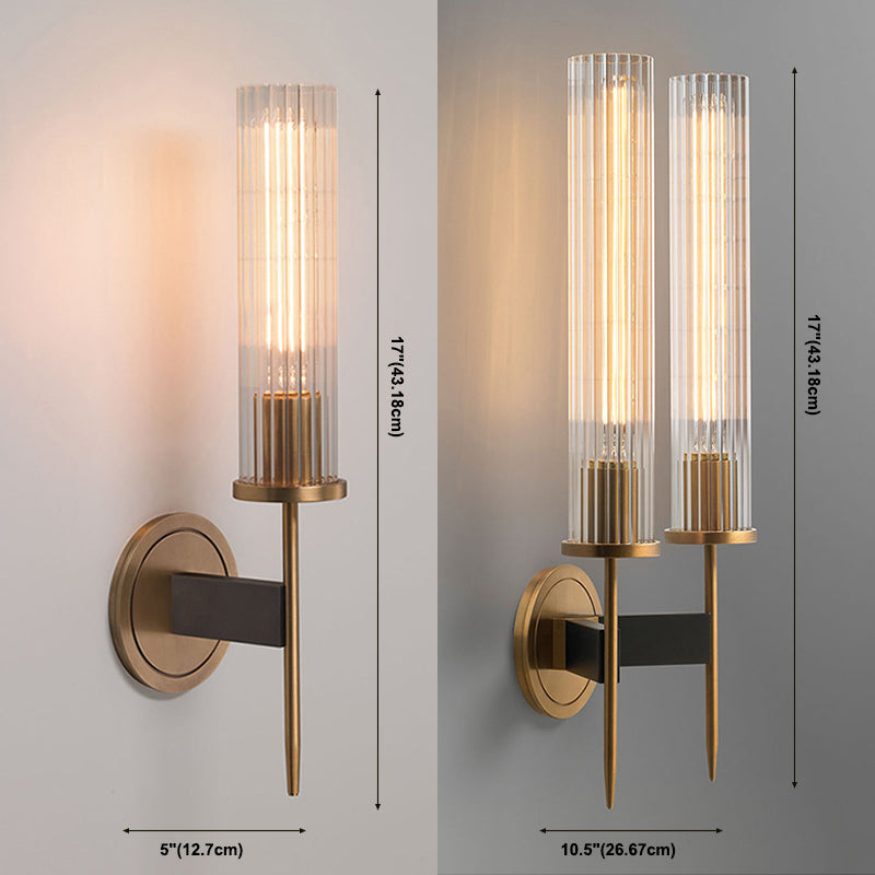 Forma de cilindro Lámpara de explosión de estilo nórdico Luz de pared de latón con sombra de vidrio acanalado prensado