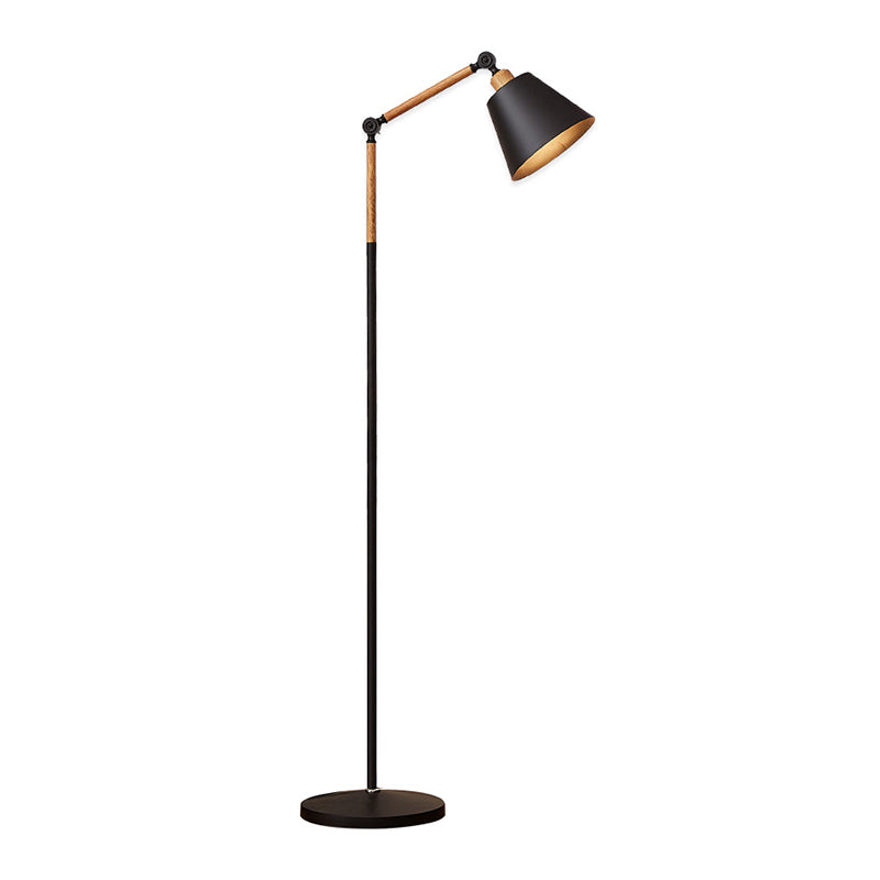 Nordic 1 Glühbirne Stöbe Lampe Holz Finish -Schwung Arm Lesenbodenleuchte mit konischem Metallschatten