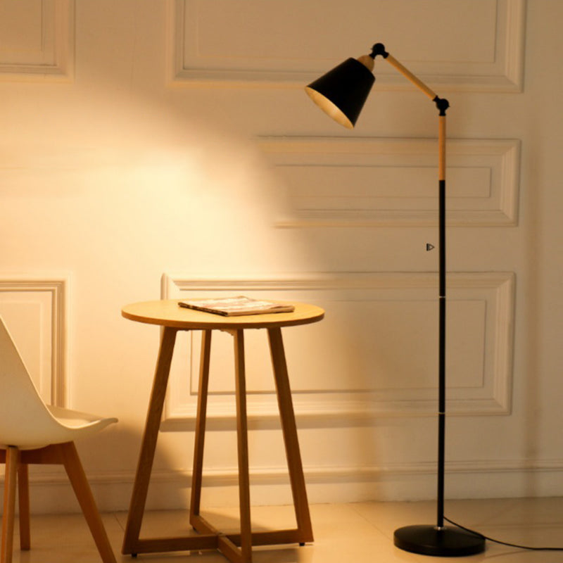 Nordic 1 Glühbirne Stöbe Lampe Holz Finish -Schwung Arm Lesenbodenleuchte mit konischem Metallschatten