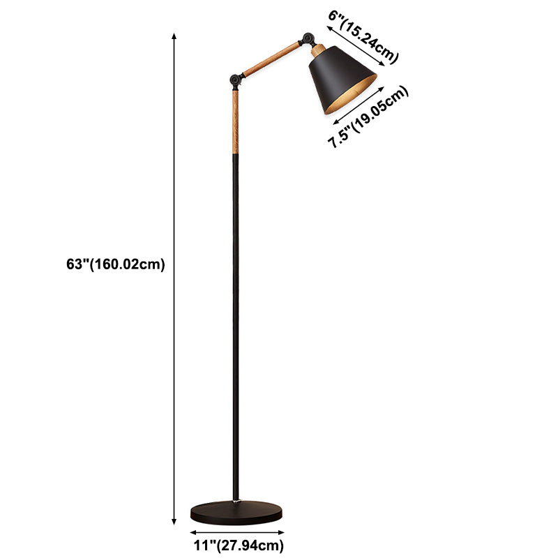 Nordic 1 Glühbirne Stöbe Lampe Holz Finish -Schwung Arm Lesenbodenleuchte mit konischem Metallschatten