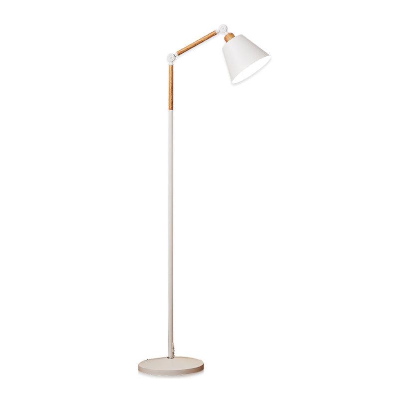 Nordic 1 Glühbirne Stöbe Lampe Holz Finish -Schwung Arm Lesenbodenleuchte mit konischem Metallschatten