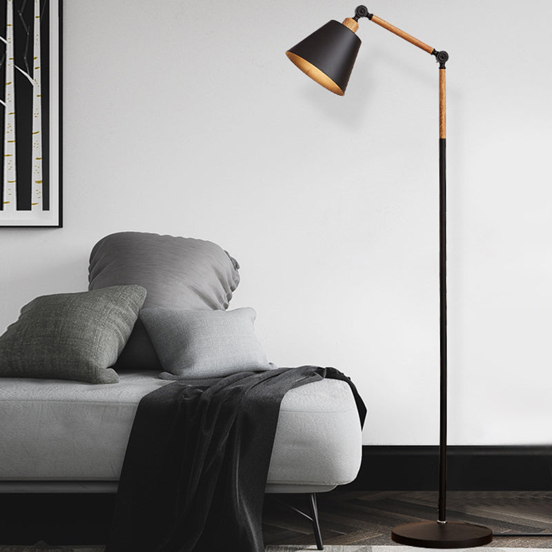 Nordic 1 Glühbirne Stöbe Lampe Holz Finish -Schwung Arm Lesenbodenleuchte mit konischem Metallschatten