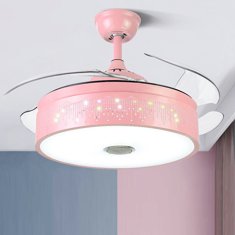 Drum Shaped Music Hanging Fan Lamp Macaron Metal Child Room LED Semi Flush Light