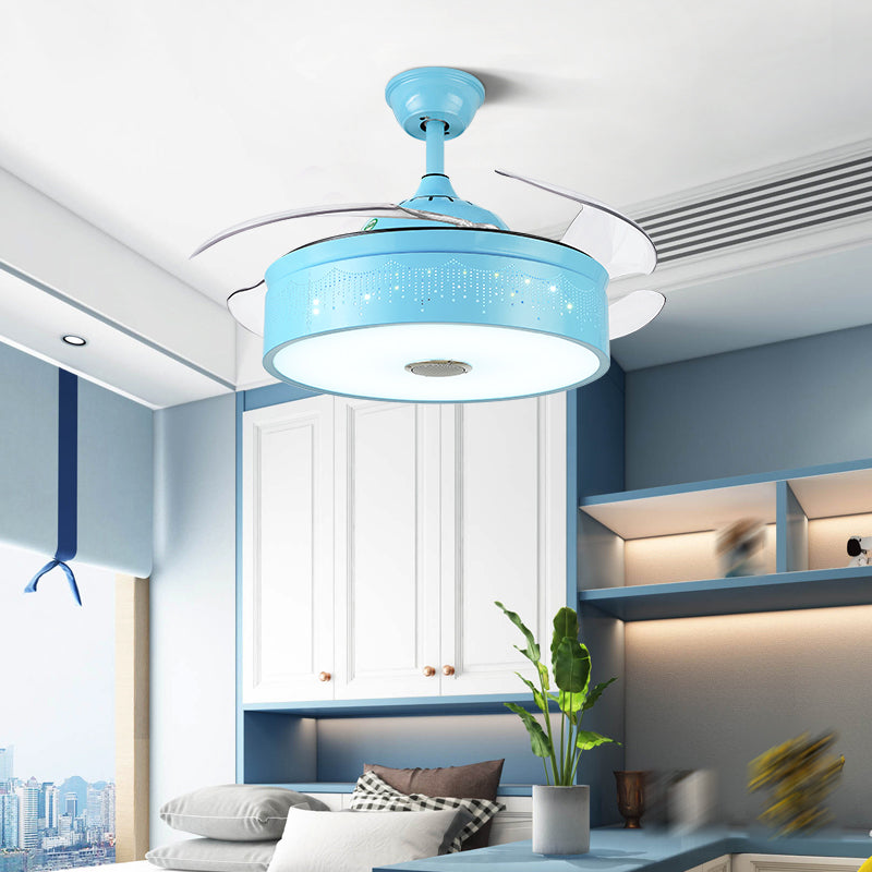 Drum Shaped Music Hanging Fan Lamp Macaron Metal Child Room LED Semi Flush Light