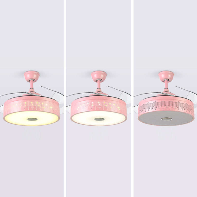 Drum Shaped Music Hanging Fan Lamp Macaron Metal Child Room LED Semi Flush Light