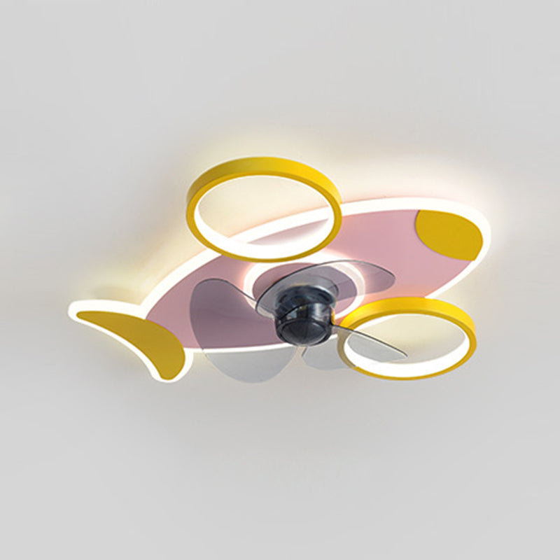 Creative Aircraft Shaped Ceiling Fan Light Metallic Child Room Semi Flush Mount Lamp