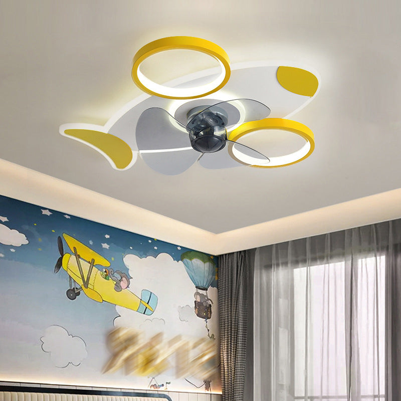 Creative Aircraft Shaped Ceiling Fan Light Metallic Child Room Semi Flush Mount Lamp