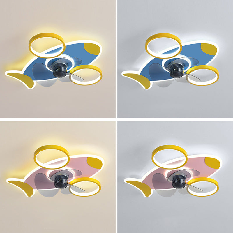 Creative Aircraft Shaped Ceiling Fan Light Metallic Child Room Semi Flush Mount Lamp