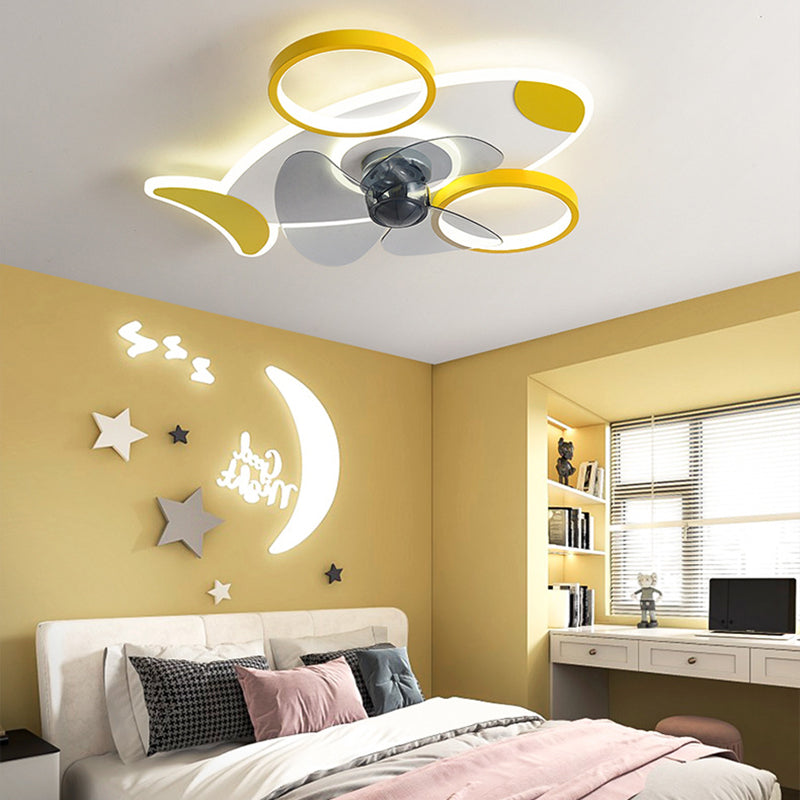 Creative Aircraft Shaped Ceiling Fan Light Metallic Child Room Semi Flush Mount Lamp