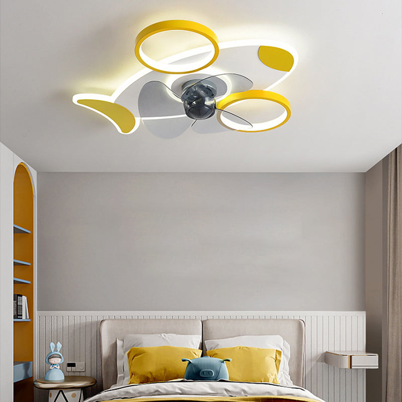 Creative Aircraft Shaped Ceiling Fan Light Metallic Child Room Semi Flush Mount Lamp