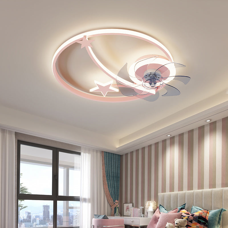 Cartoon Moon and Star Ceiling Fan Lamp Metallic Baby Room LED Semi Flush Mount Light