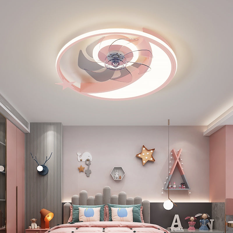 Cartoon Moon and Star Ceiling Fan Lamp Metallic Baby Room LED Semi Flush Mount Light