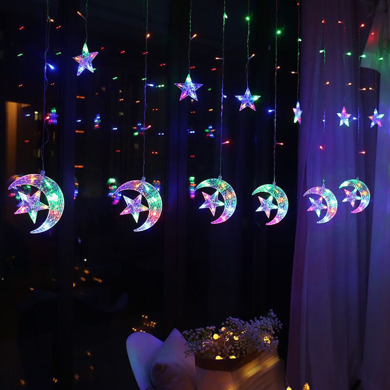 Moon and Star Curtain String Lamps Artistic Plastic 12-Head LED Festive Light