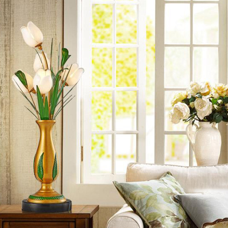 American Garden Floral Nightstand Lamp 5 Bulbs Metal LED Night Table Light in Gold for Living Room