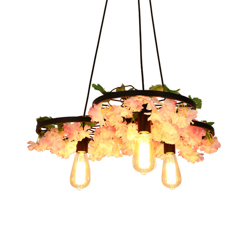 Barbe Bulbe Metal Chandelier Light Industrial 3 Bulbes Restaurant lampe suspendue en noir avec des cerisiers en fleur de cerisier