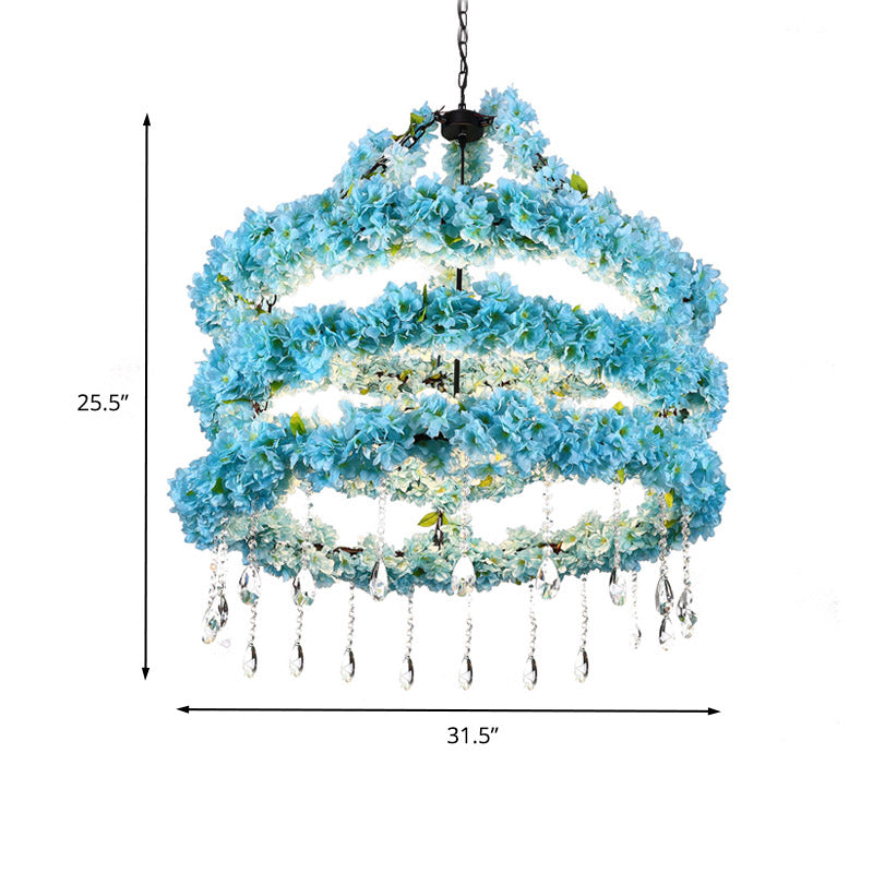 6 Heads Metal Pendant Chandelier Industrial Blue Circle Restaurant LED Flower Down Lighting with Crystal Accent, 31.5"/39" W