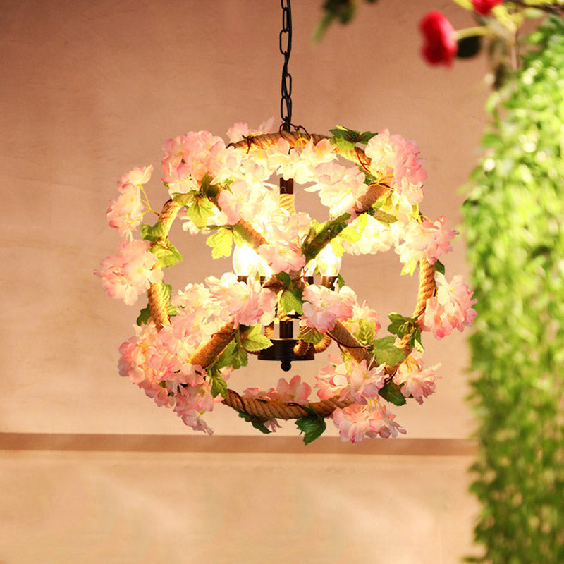 Orb Restaurant Chandelier Pendant Light Industrial Metal 4 Lights Pink LED Flower Suspension Lamp