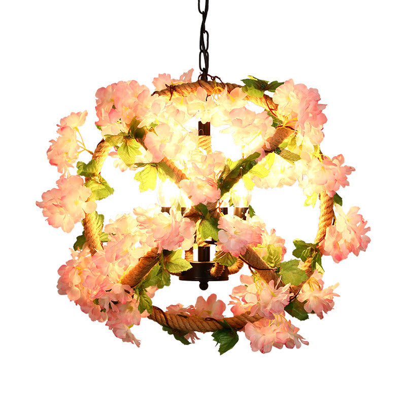 Orb Restaurant Chandelier Pendant Light Industrial Metal 4 Lights Pink LED Flower Suspension Lamp