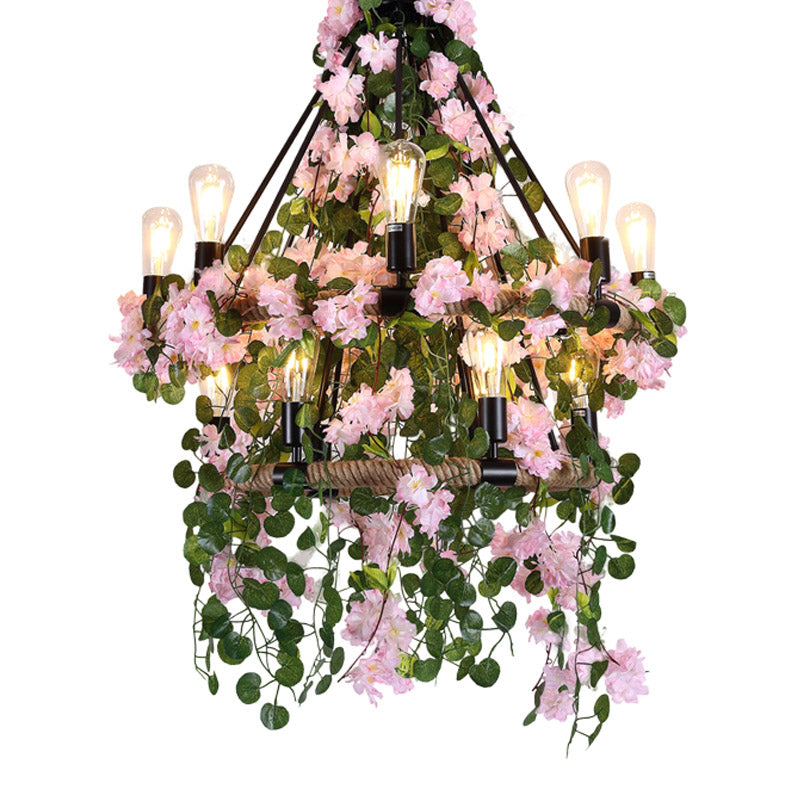 Industrial 2 Layers Ceiling Chandelier 14 Bulbs Metal LED Flower Hanging Light Fixture in Pink