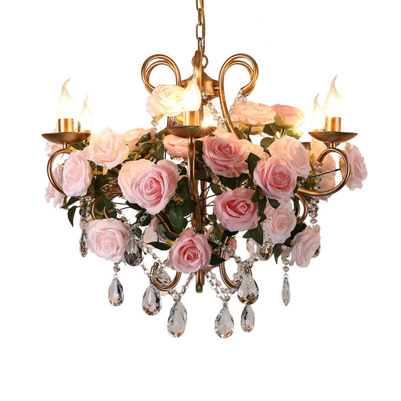 6 Bulbs Chandelier Light Industrial Candlestick Metal LED Flower Suspension Lamp in Gold with Crystal Accent