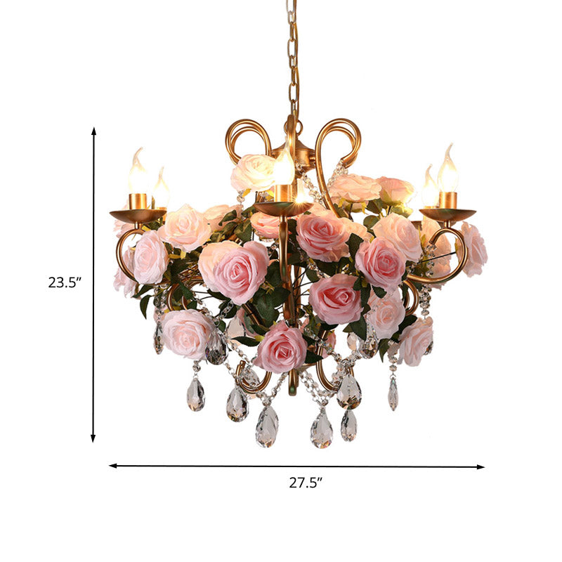 6 Bulbs Chandelier Light Industrial Candlestick Metal LED Flower Suspension Lamp in Gold with Crystal Accent