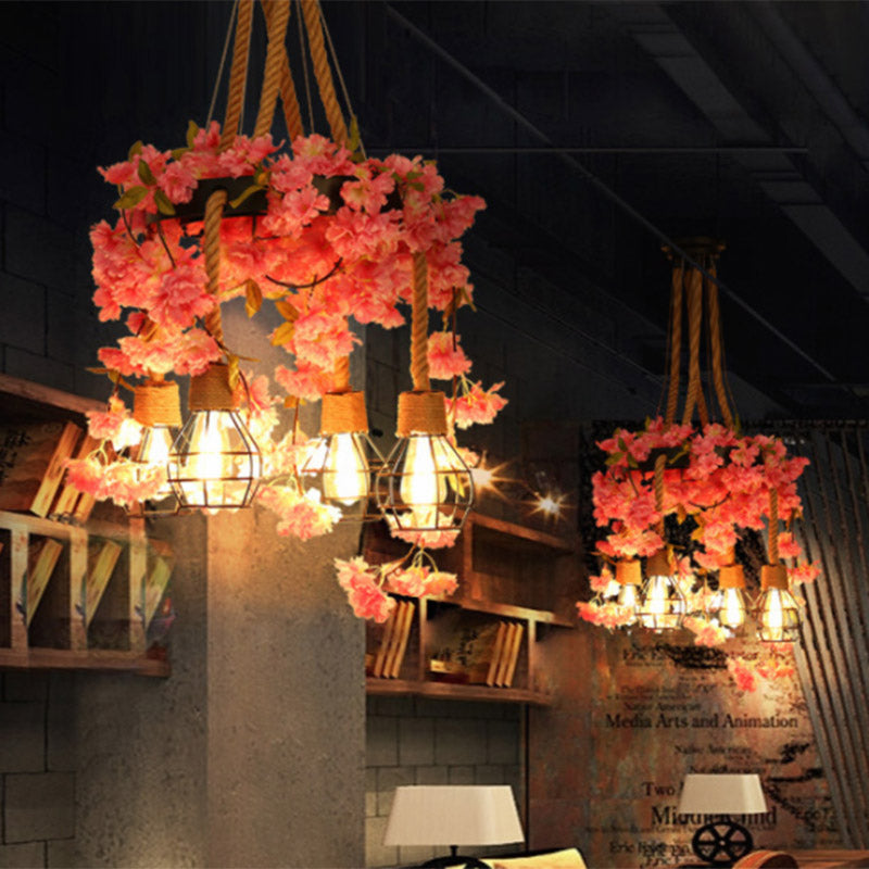 4/6 Lights Bare Bulb Cluster Pendant Antique Pink/Rose Red Metal LED Flower Hanging Lamp for Restaurant