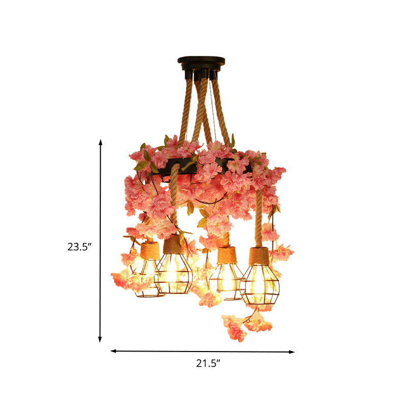 4/6 Lights Bare Bulb Cluster Pendant Antique Pink/Rose Red Metal LED Flower Hanging Lamp for Restaurant