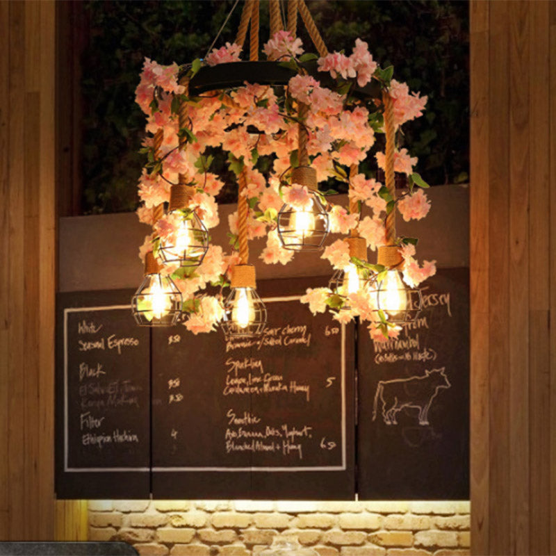 4/6 Lights Bare Bulb Cluster Pendant Antique Pink/Rose Red Metal LED Flower Hanging Lamp for Restaurant