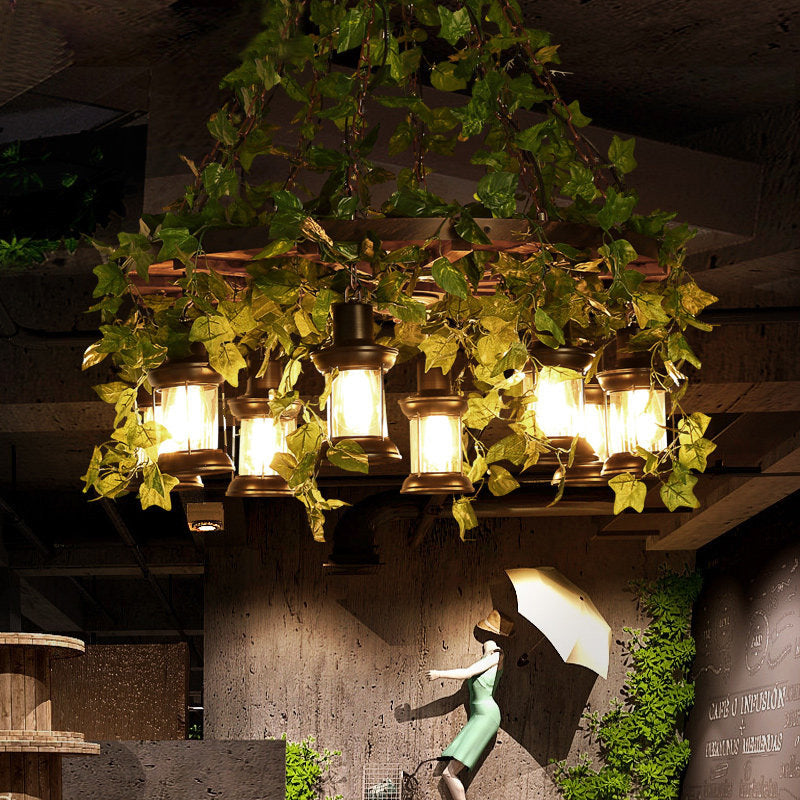Accesorio de iluminación de lámpara de linterna verde de madera industrial 3/6/8 cabezas de restaurante Luz de techo de planta LED, 21.5 "/27"/30 "W