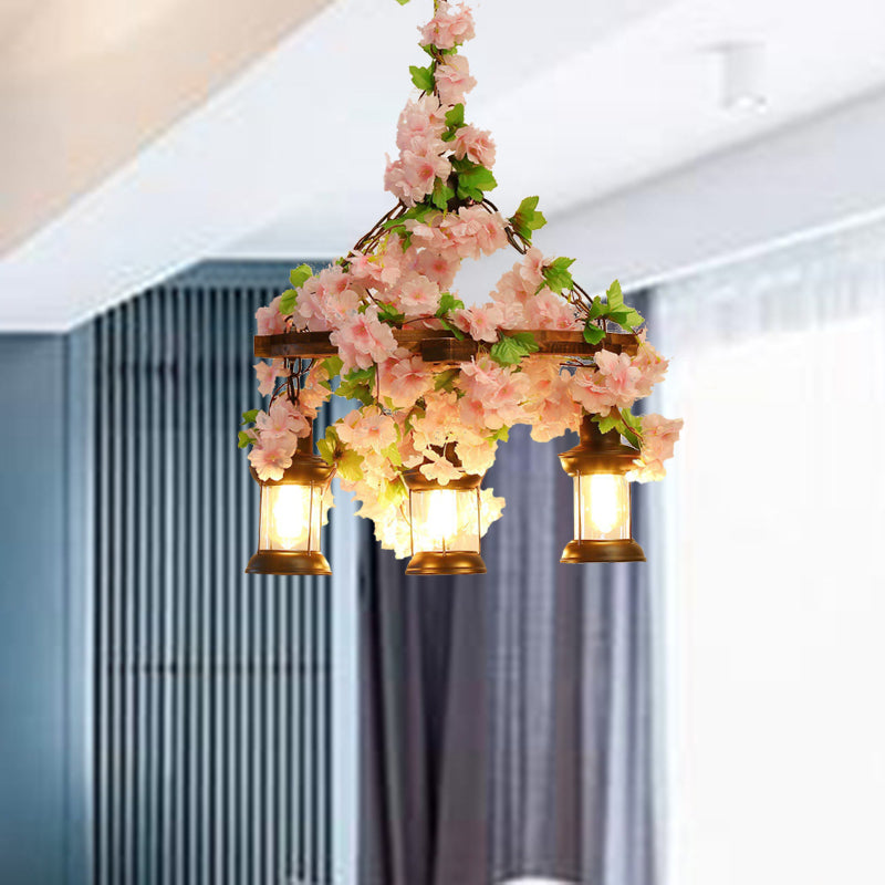 Candelera colgante de linterna Vintage 3/6/8 cabezas de suspensión de flores LED de madera en rosa, 21.5 "/27"/30 "de ancho