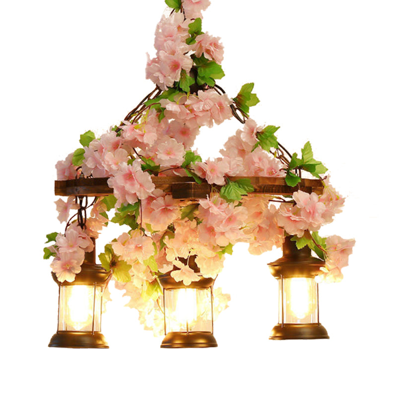 Vintage Lantern Pendant Chandelier 3/6/8 Heads Wooden LED Flower Suspension Light in Pink, 21.5"/27"/30" Wide