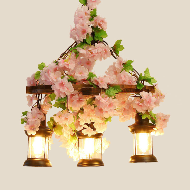 Vintage Lantern Pendant Chandelier 3/6/8 Heads Wooden LED Flower Suspension Light in Pink, 21.5"/27"/30" Wide