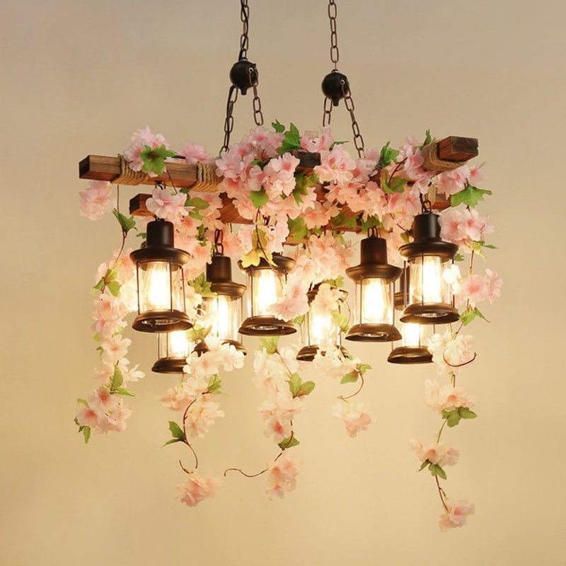 Vintage Lantern Pendant Chandelier 3/6/8 Heads Wooden LED Flower Suspension Light in Pink, 21.5"/27"/30" Wide