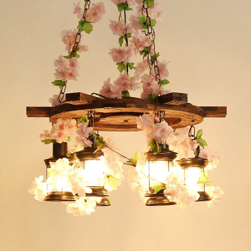 Candelera colgante de linterna Vintage 3/6/8 cabezas de suspensión de flores LED de madera en rosa, 21.5 "/27"/30 "de ancho