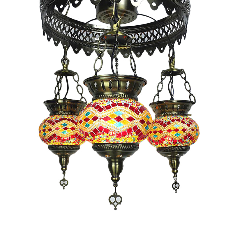 Stained Art Glass Oval Chandelier Lighting Traditional 3 Heads Bedroom Ceiling Chandelier in Yellow/Orange/Blue