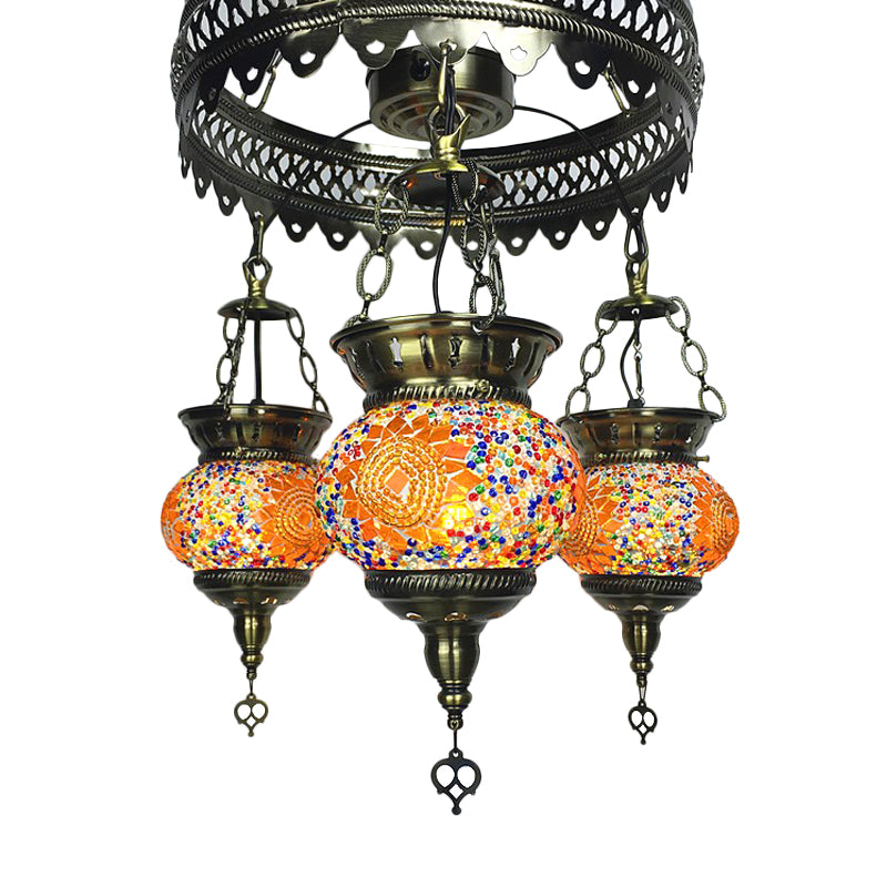 Arte de arte manchado Iluminación ovalada de araña ovalada tradicional 3 cabezas Candelera de techo de dormitorio en amarillo/naranja/azul